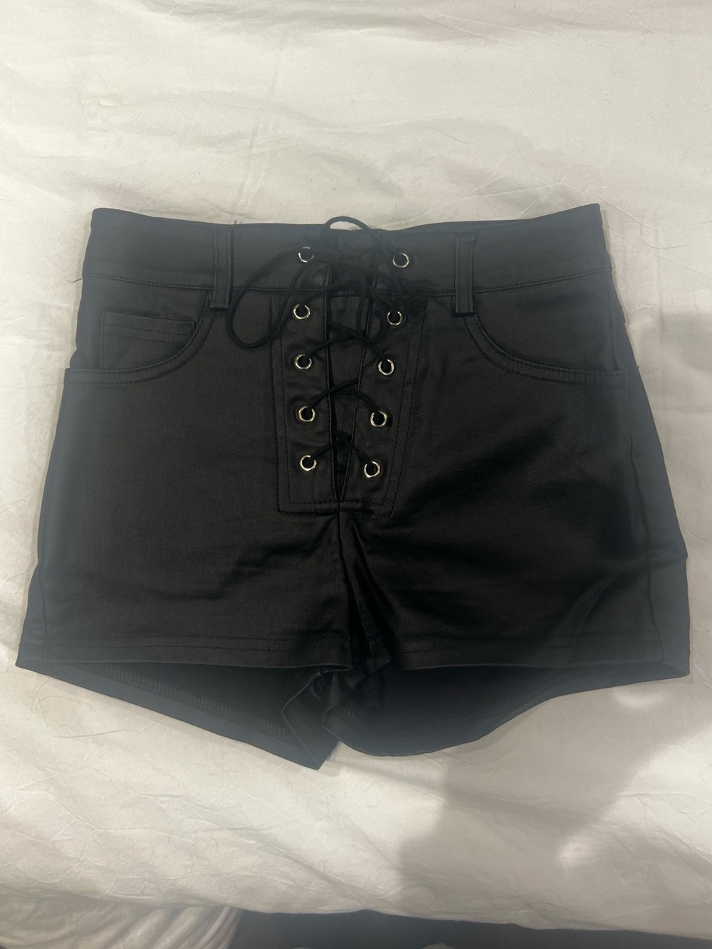 High Waisted Lace-Up Black Faux Leather Shorts